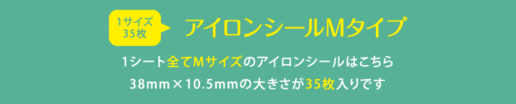 お名前アイロンシールMサイズ 1シート全てMサイズのお名前アイロンシールはこちら 38mm×10.5mmの大きさが35枚入りです