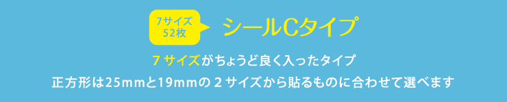 名前シールC 7サイズがちょうど良く入ったタイプ 正方形は25mmと19mmの2サイズから貼るものに合わせて選べます