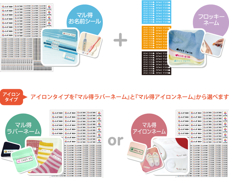 マル得お名前シール+フロッキーネーム アイロンタイプを「マル得アイロンネーム」と「マル得ラバーネーム」から選べます