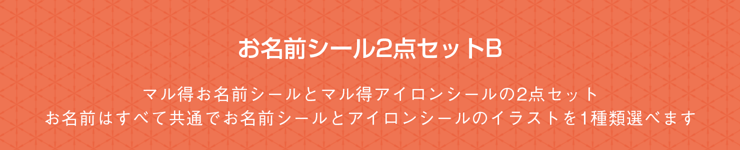 お名前シール2点セットB マル得お名前シールとマル得アイロンシールの2点セット。お名前はすべて共通でお名前シールとアイロンシールのイラストを1種類選べます