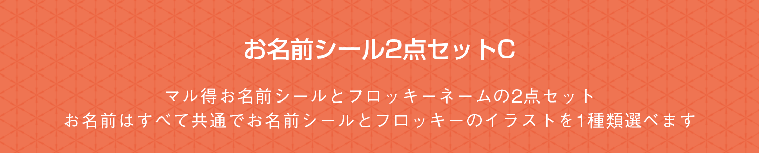 お名前シール2点セットC マル得お名前シールとフロッキーネームの2点セット。お名前はすべて共通でお名前シールとフロッキーのイラストを1種類選べます