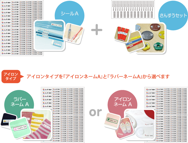 シールA+さんすうセットシール アイロンタイプを「アイロンネームA」と「ラバーネームA」から選べます