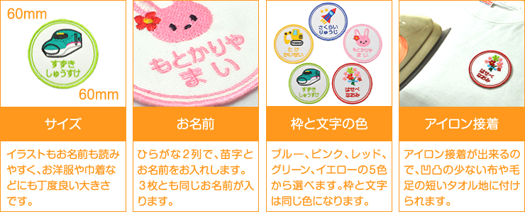 サイズ直径60mm お名前ひらがな2列 枠と文字の色5色 アイロン装着
